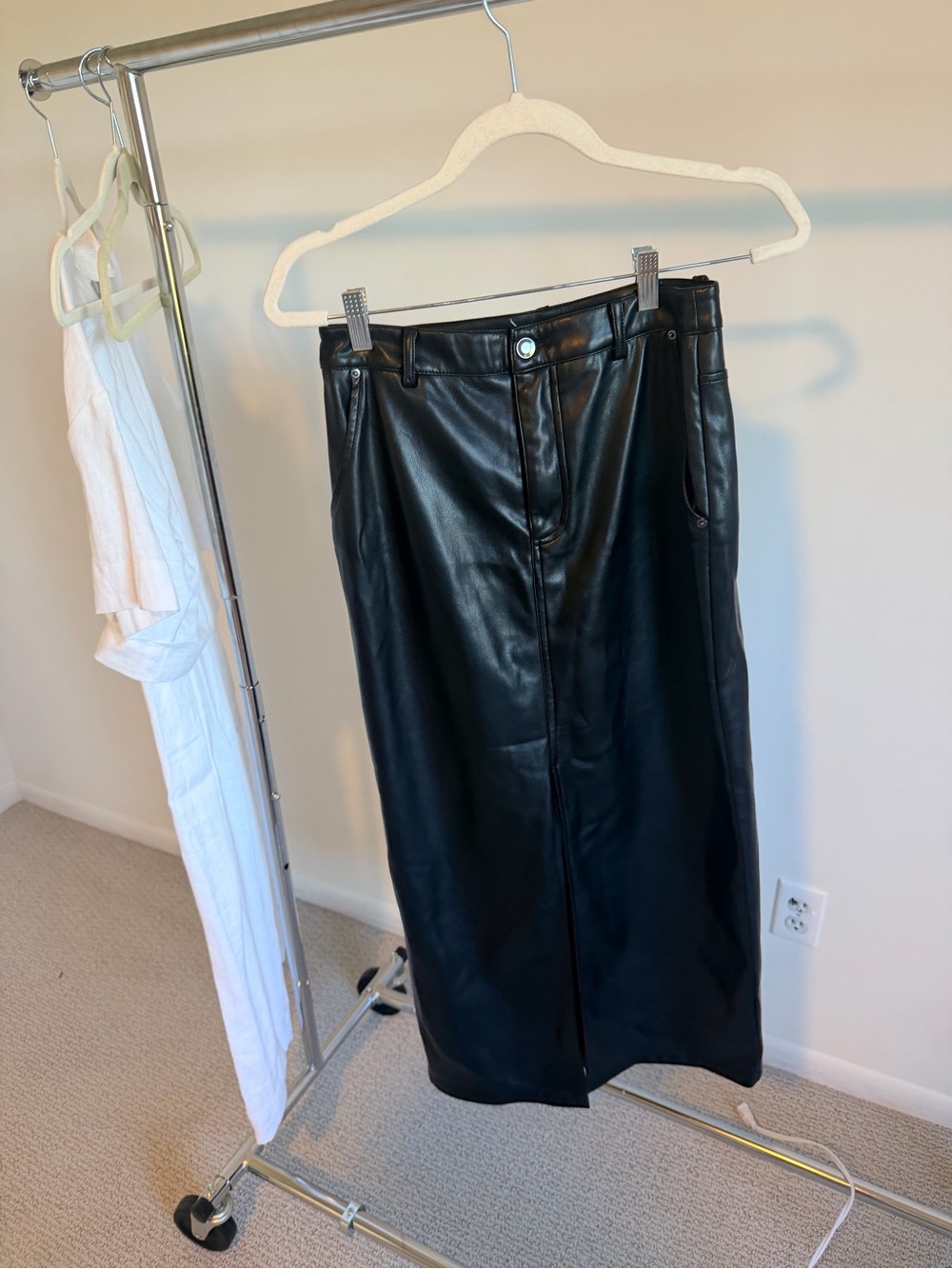 AVEC LES FILLES Black Faux Leather Midi Skirt